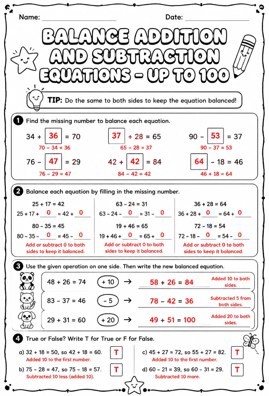 Answer key for Balance addition and subtraction equations - up to 100 — free printable Math worksheet