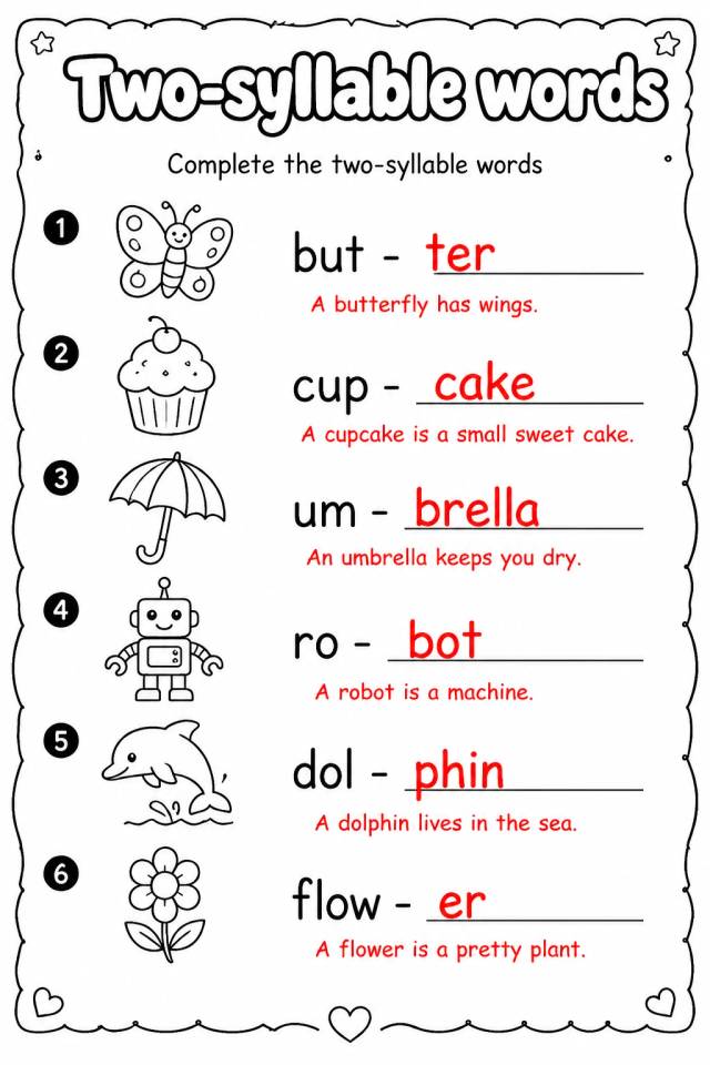 Answer key for Complete the two-syllable words — free printable English & Reading worksheet