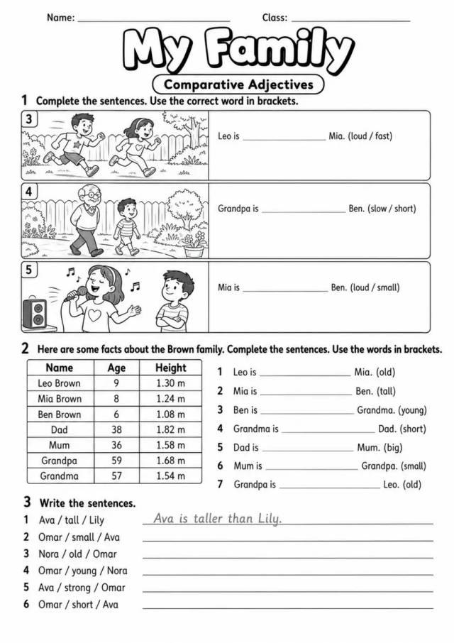Comparative Adjectives: My Family 2 | Grades 3-4 Grammar Worksheet grades 3 4 printable PDF preview