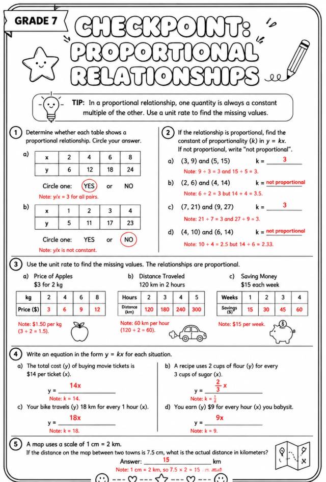 Answer key for Checkpoint: Proportional relationships — free printable Math worksheet