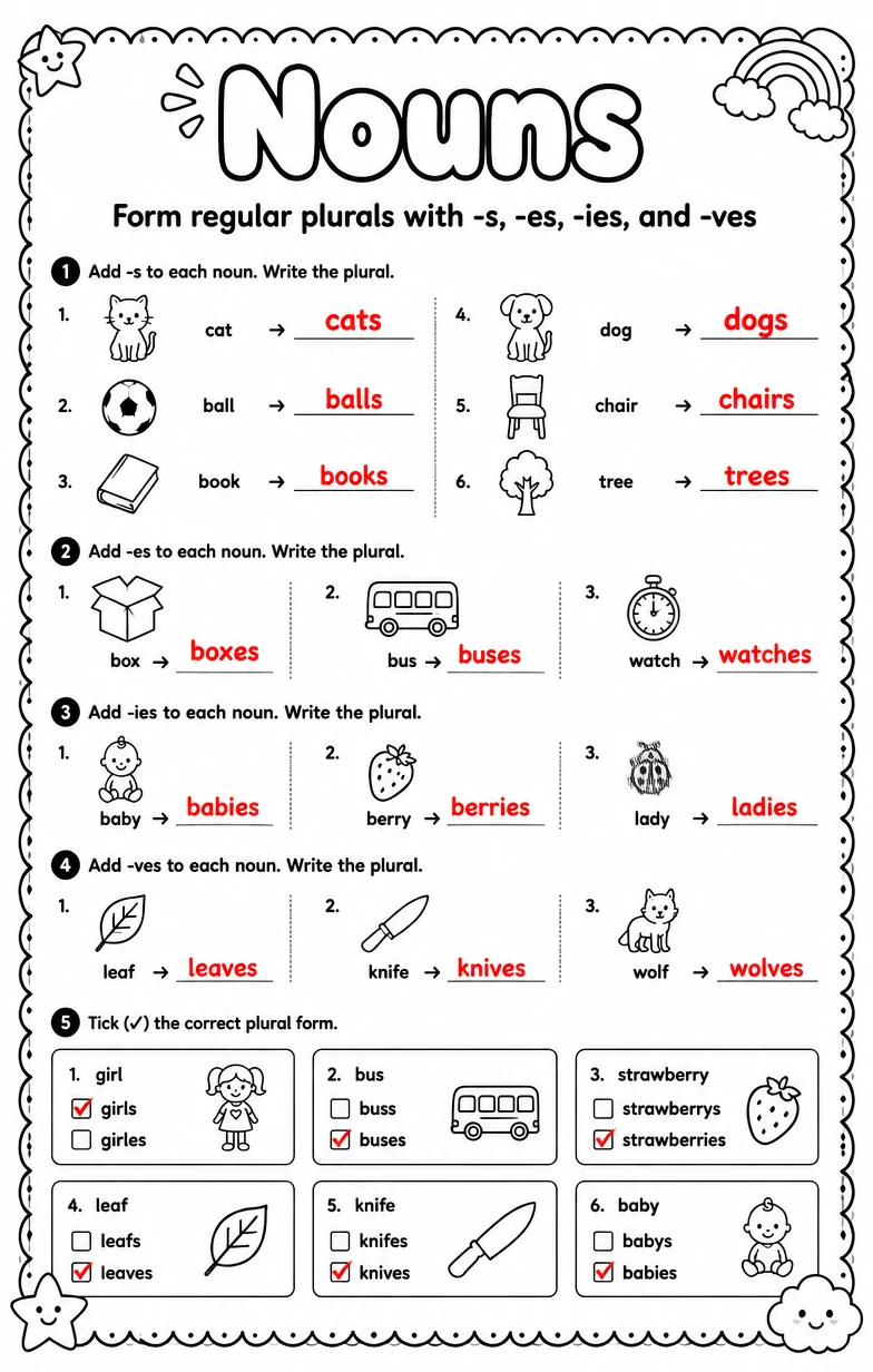 Answer key for Form regular plurals with -s, -es, -ies, and -ves — free printable English & Reading worksheet