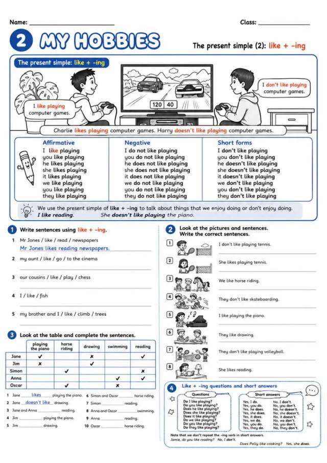 Like Plus Ing: My Hobbies 5 | Grades 3-4 Grammar Worksheet grades 3 4 printable PDF preview