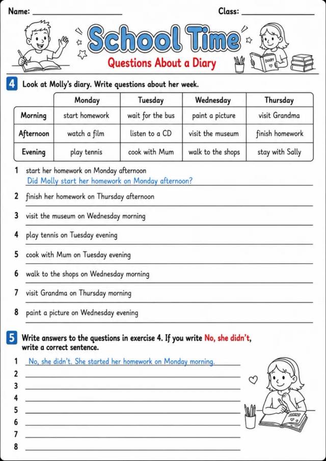 Past Simple Questions: School Time 3 | Grades 3-4 Grammar Worksheet grades 3 4 printable PDF preview