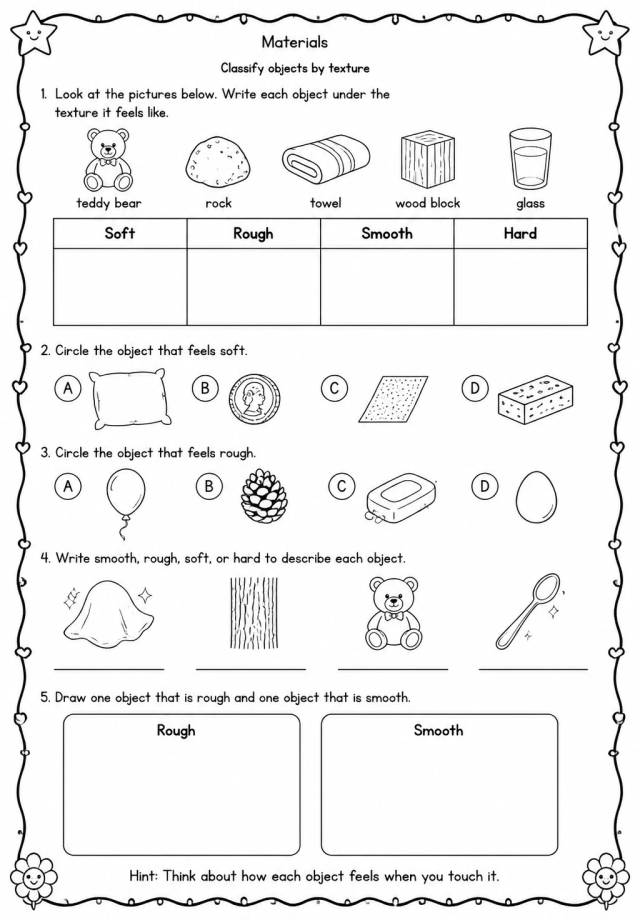 Classify objects by texture — free printable Kindergarten Science worksheet