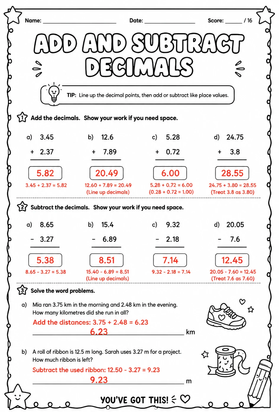 Answer key for Add and subtract decimals — free printable Math worksheet