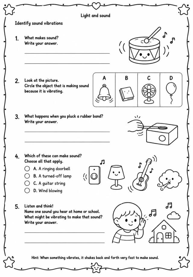 Identify sound vibrations — free printable Grade 2 Science worksheet