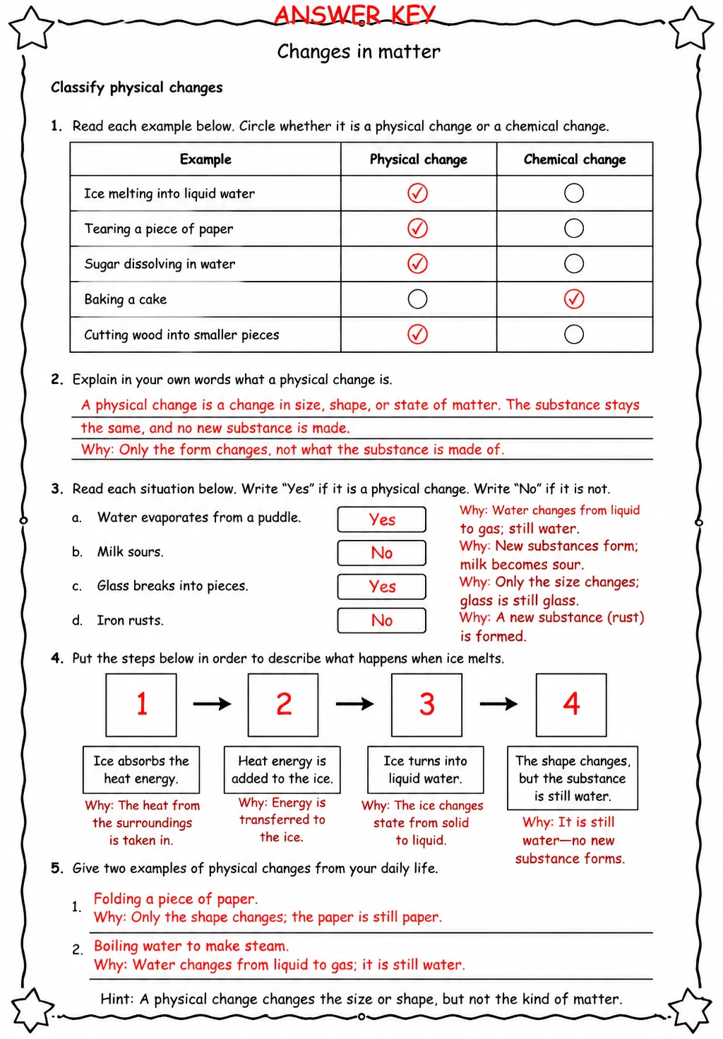 Answer key for Classify physical changes — free printable Science worksheet