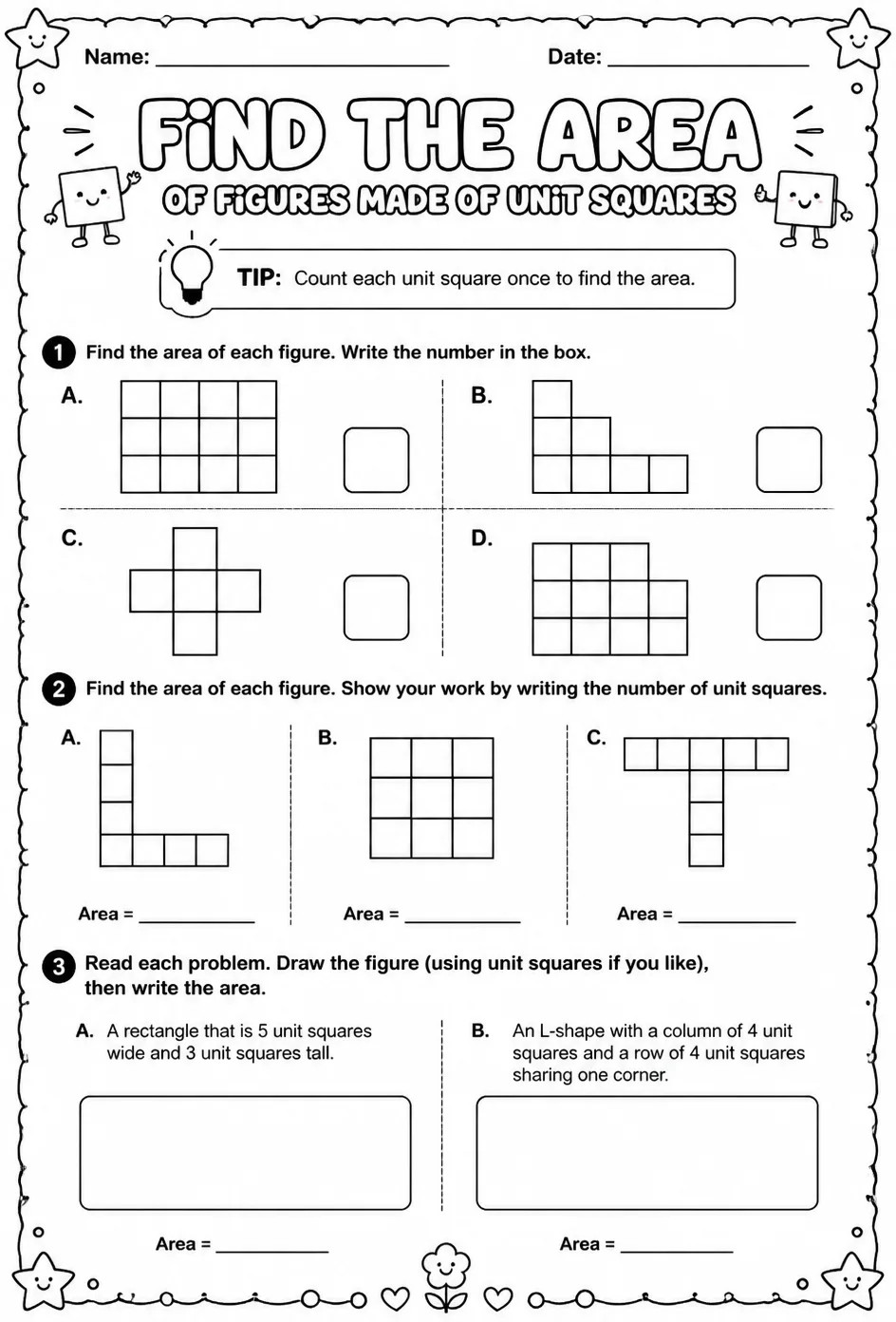 Find the area of figures made of unit squares — free printable Grade 3 math worksheet