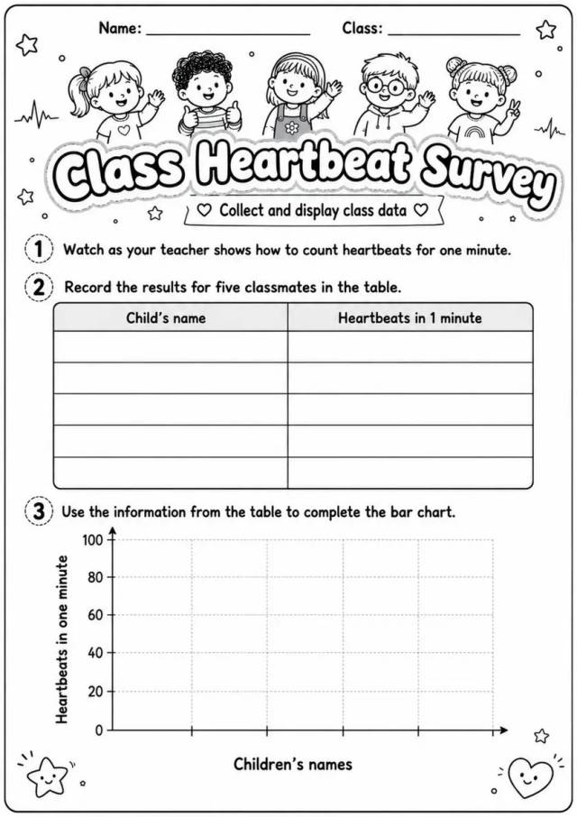 Heartbeats Bar Chart - Grade 3 Science Worksheet grade 3 printable PDF preview
