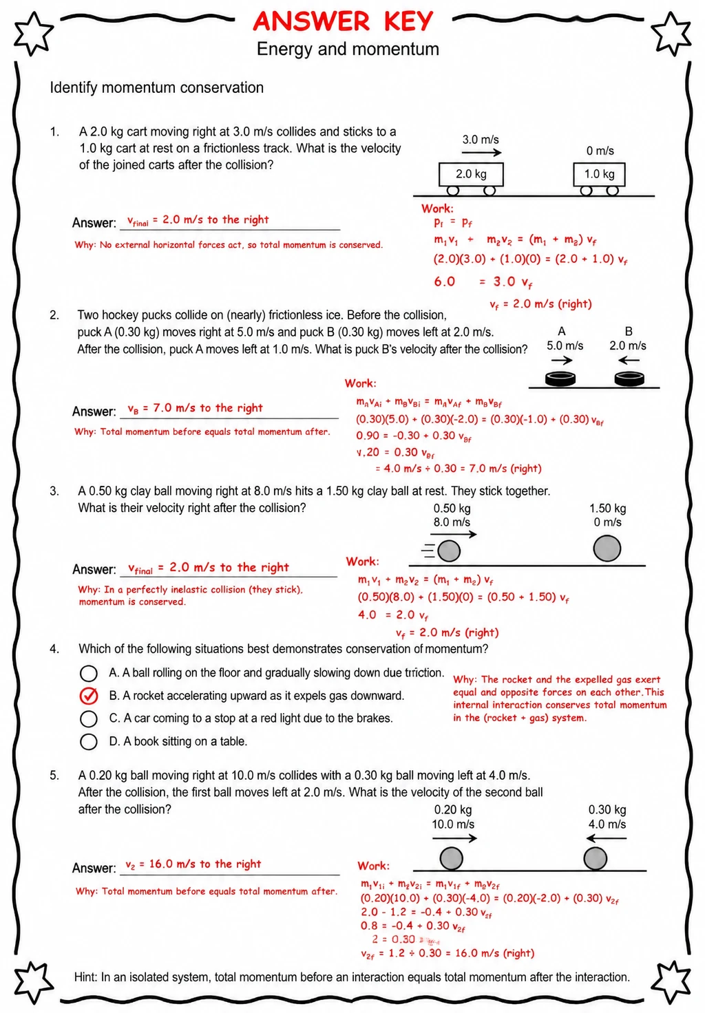 Answer key for Identify momentum conservation — free printable Science worksheet