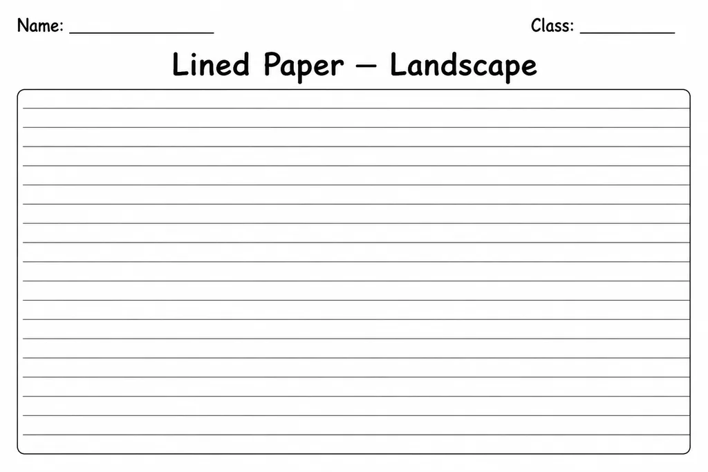 Free printable landscape oriented lined paper with wide ruled horizontal lines on a white page, blank and ready to print