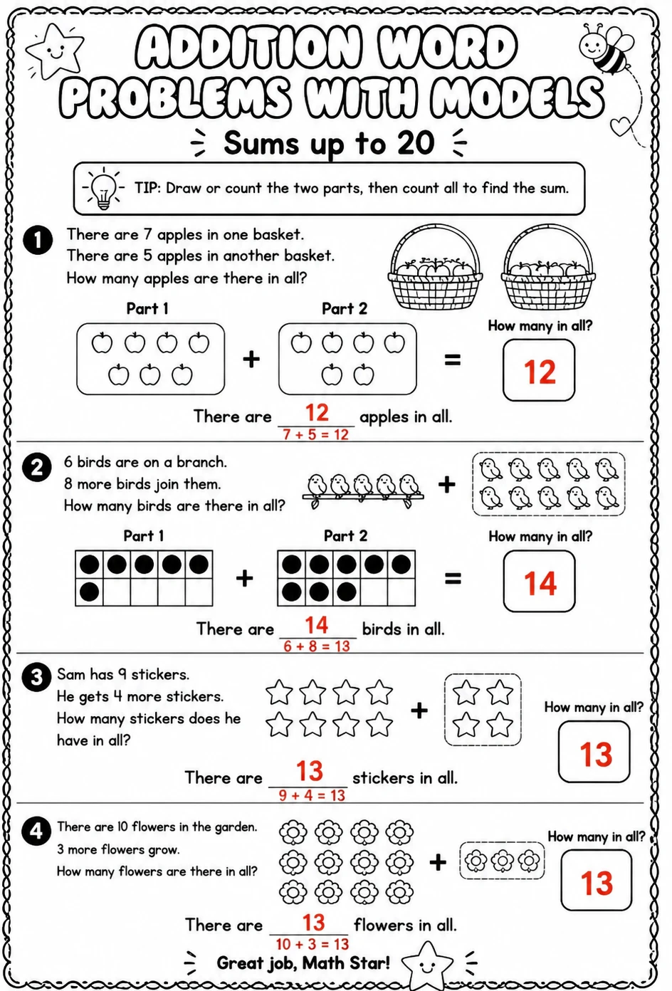 Answer key for Addition word problems with models - sums up to 20 — free printable Math worksheet