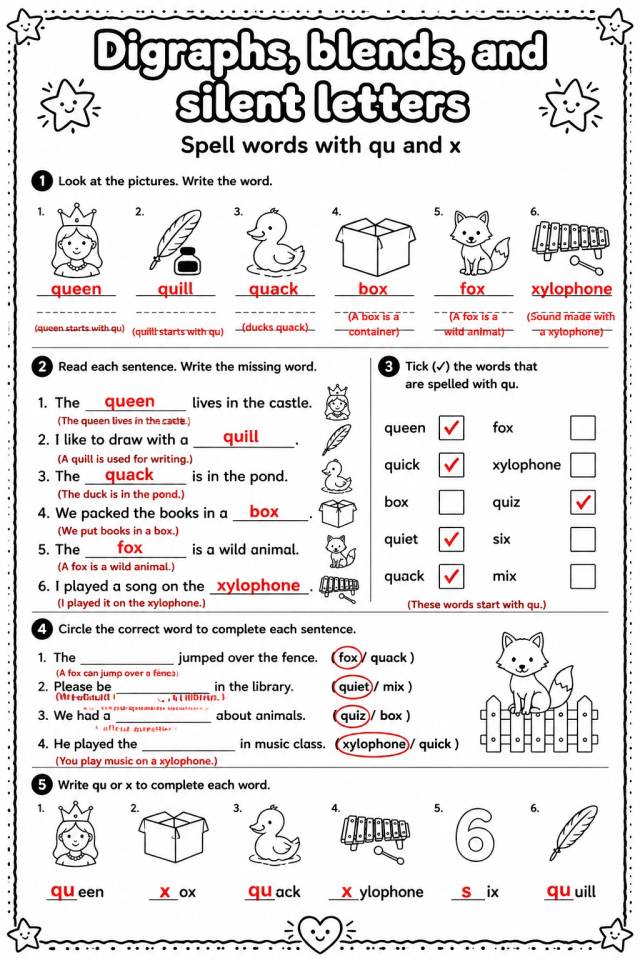 Answer key for Spell words with qu and x — free printable English & Reading worksheet
