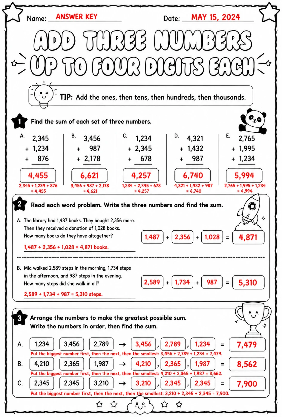 Answer key for Add three numbers up to four digits each — free printable Math worksheet