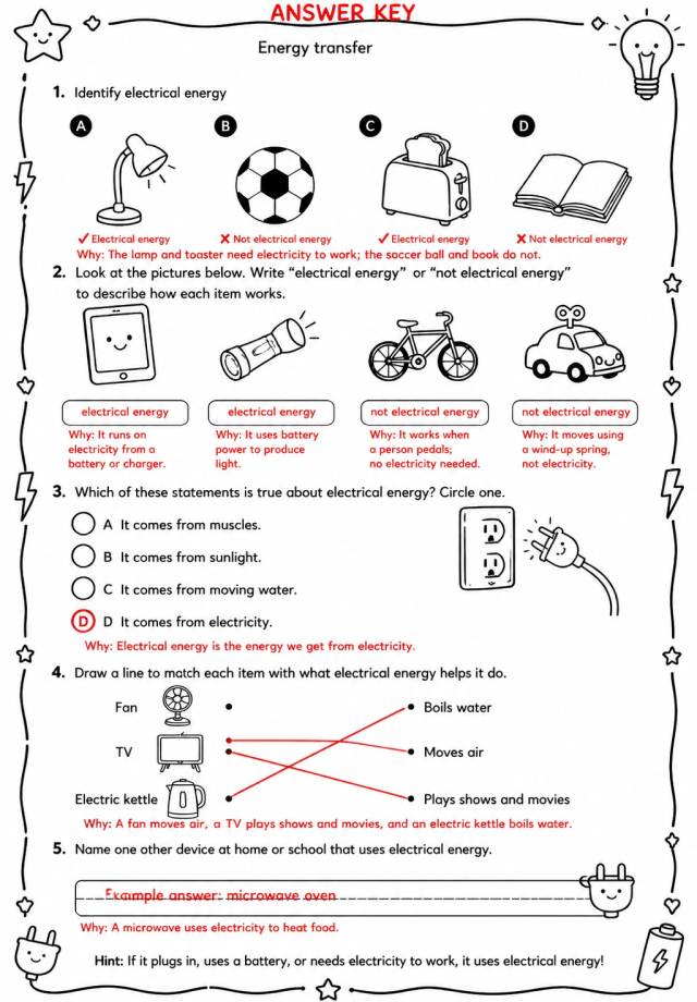 Answer key for Identify electrical energy — free printable Science worksheet