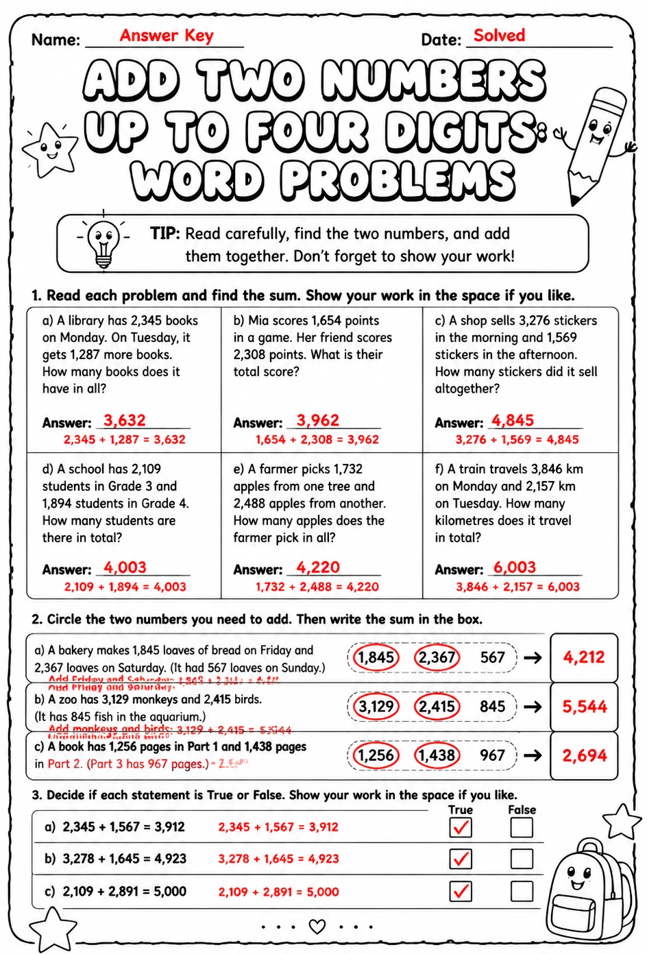 Answer key for Add two numbers up to four digits: word problems — free printable Math worksheet