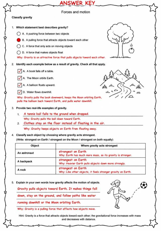 Answer key for Classify gravity — free printable Science worksheet