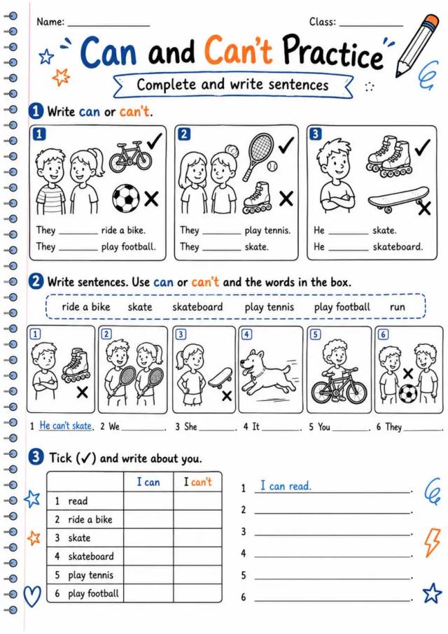 Can And Can'T Practice | Grades 2-3 Grammar Worksheet grades 2 3 printable PDF preview