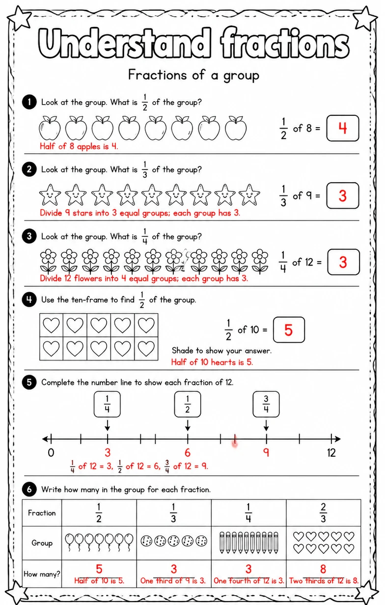 Answer key for Fractions of a group — free printable Math worksheet