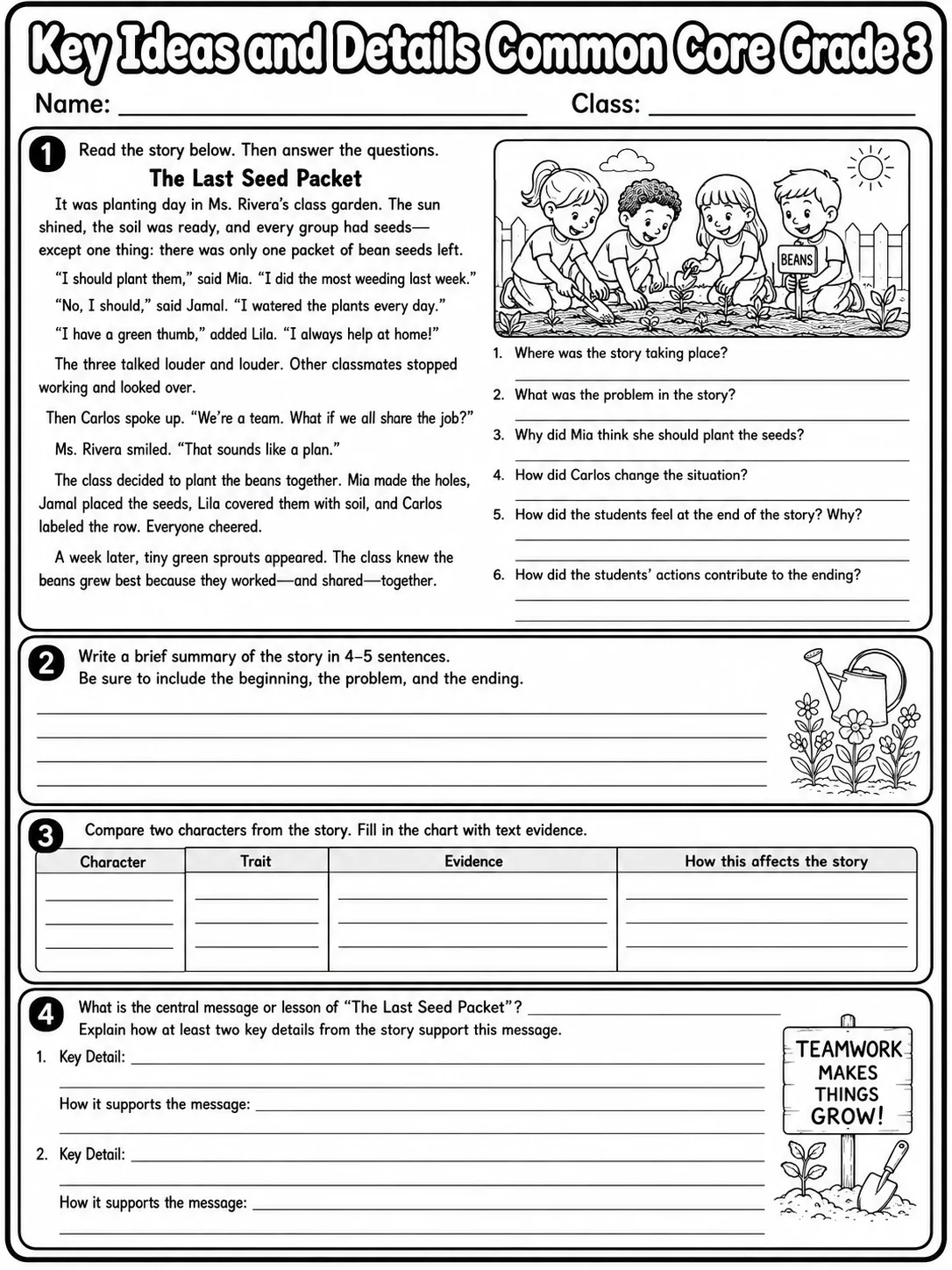 Key Ideas and Details Common Core Grade 3 printable Common Core ELA Grade 3 worksheet preview from KiwiBee