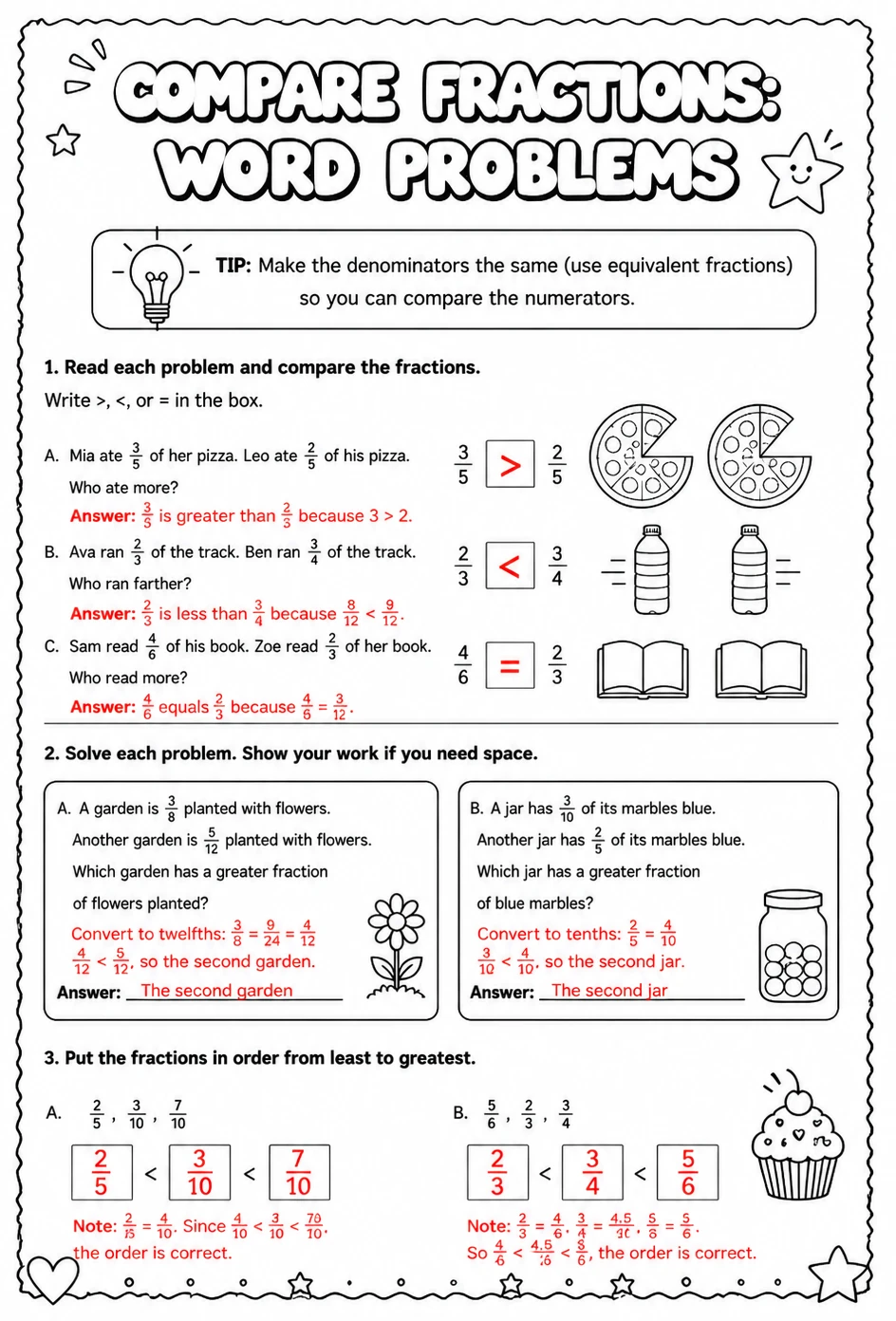 Answer key for Compare fractions: word problems — free printable Math worksheet