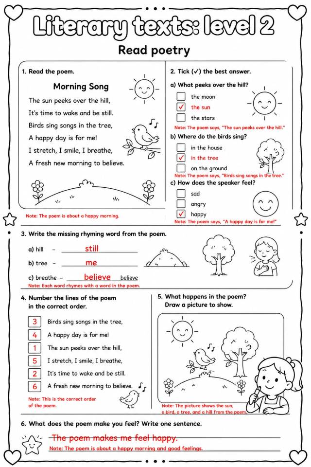 Answer key for Read poetry — free printable English & Reading worksheet