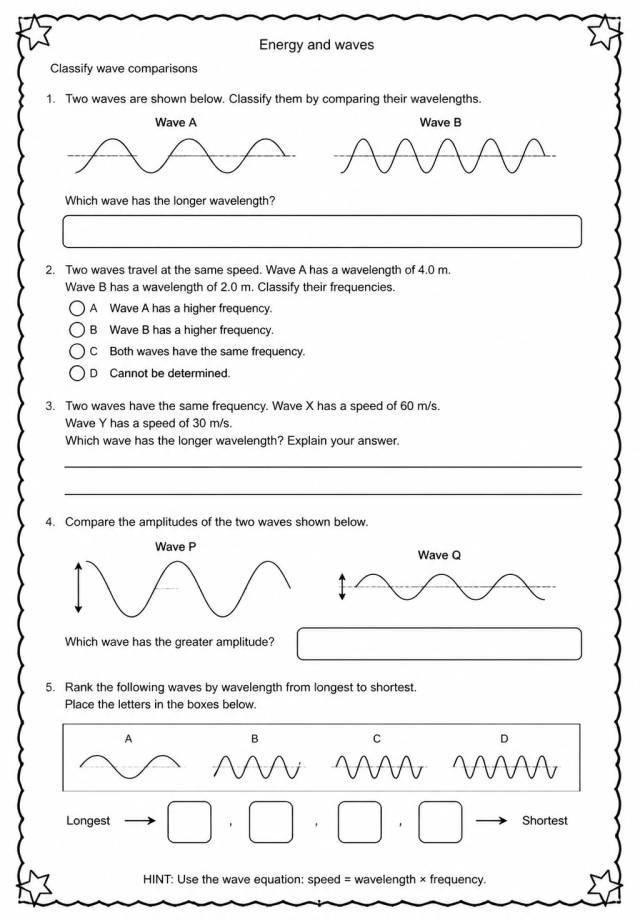 Classify wave comparisons — free printable Middle School Science worksheet