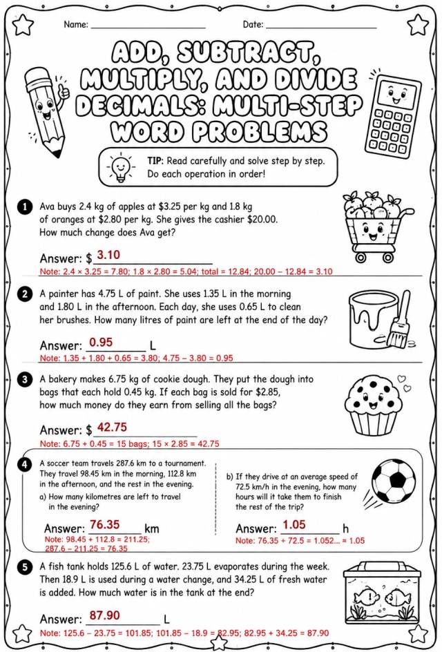Answer key for Add, subtract, multiply, and divide decimals: multi-step word problems — free printable Math worksheet