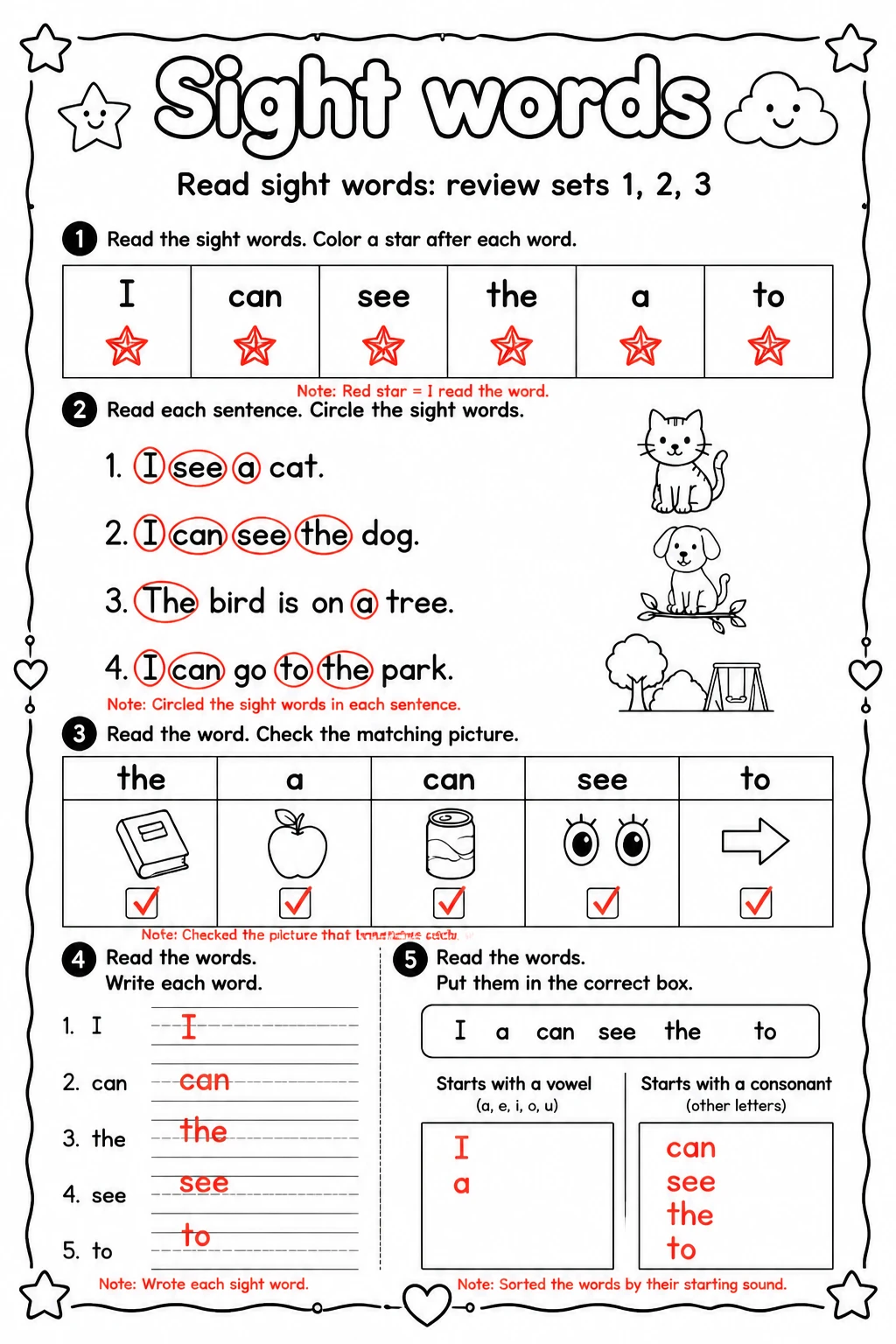 Answer key for Read sight words: review sets 1, 2, 3 — free printable English & Reading worksheet