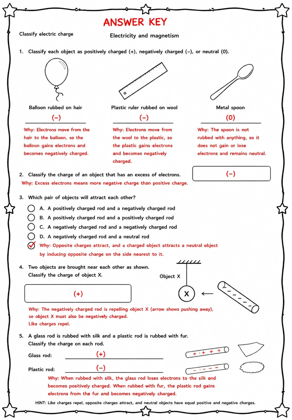 Answer key for Classify electric charge — free printable Science worksheet