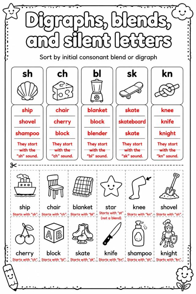 Answer key for Sort by initial consonant blend or digraph — free printable English & Reading worksheet