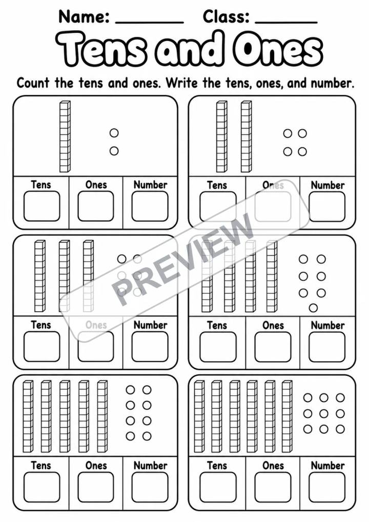 Place Value to 100 Practice Pack | 7 Worksheets | Grades 1-2 watermarked worksheet preview