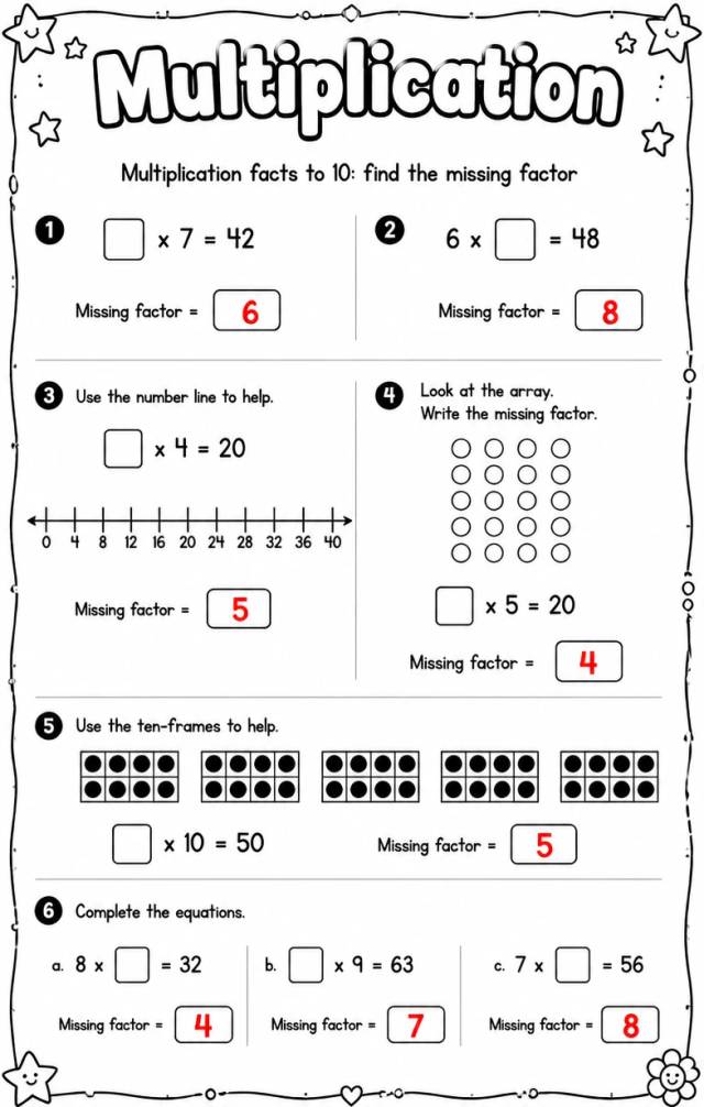 Answer key for Multiplication facts to 10: find the missing factor — free printable Math worksheet