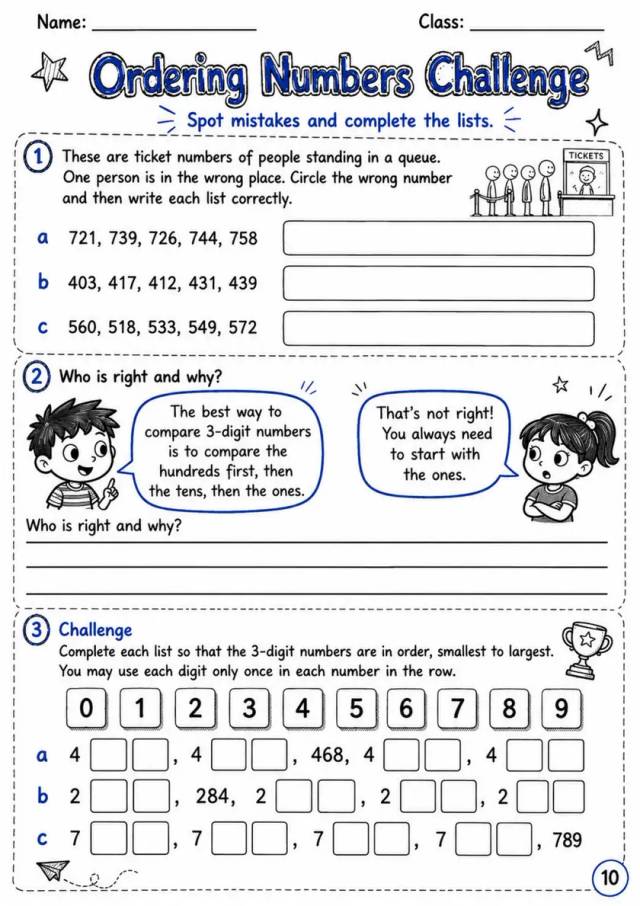 Ordering Numbers Challenge - Grade 3 Math Worksheet grade 3 printable PDF preview