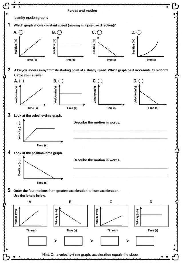 Identify motion graphs — free printable Middle School Science worksheet