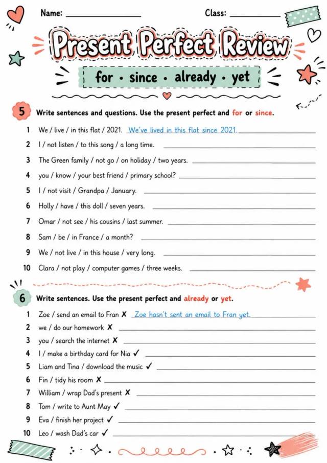 Present Perfect Review | Grades 5-6 Grammar Worksheet grades 5 6 printable PDF preview