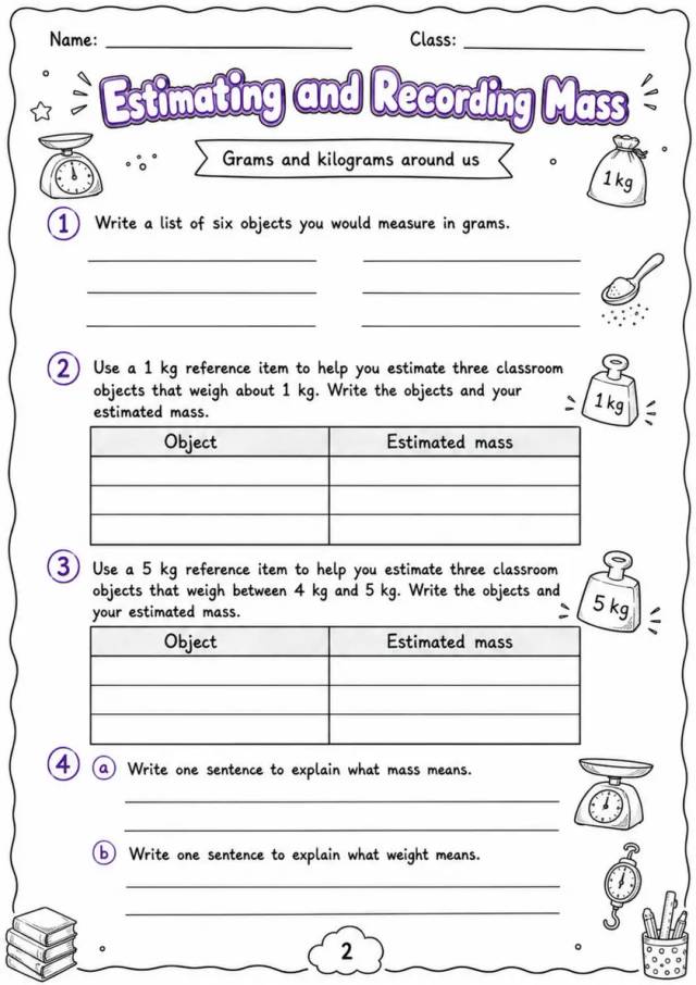 Estimating and Recording Mass - Grade 3 Math Worksheet - WKS-MAT-grade-3-XH-0166-EN grade 3 printable PDF preview