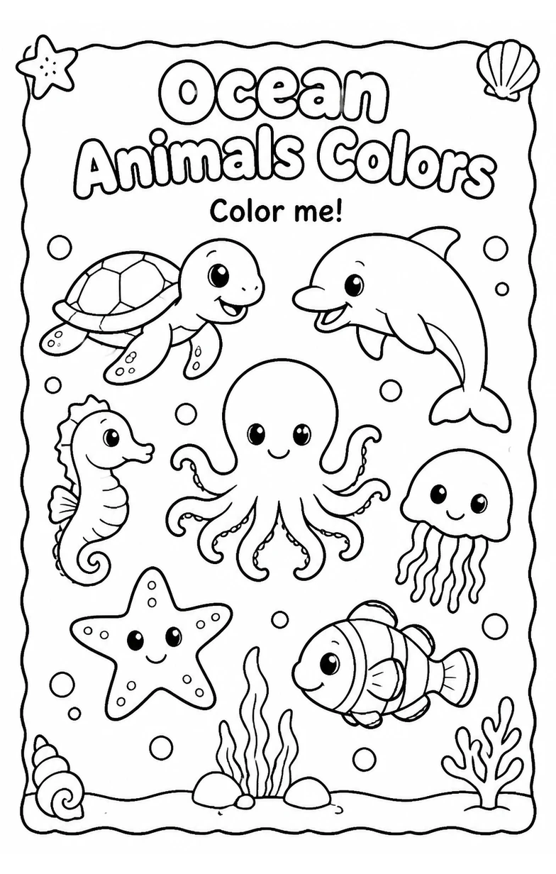 Ocean Animals Colors Coloring Page — free printable Pre-K Art worksheet