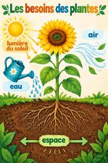 Affiche « Les besoins des plantes » avec un tournesol à la gouache