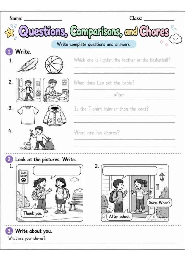 Questions, Comparisons, And Chores | Grade 2 English Language Arts Worksheet grade 2 printable PDF preview