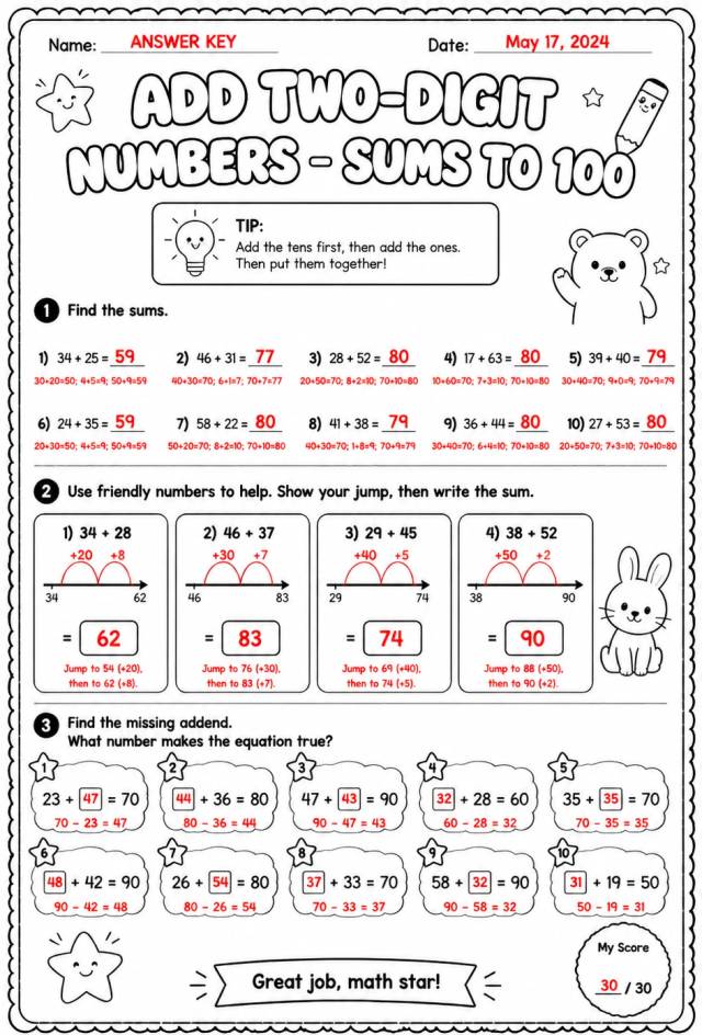 Answer key for Add two-digit numbers - sums to 100 — free printable Math worksheet