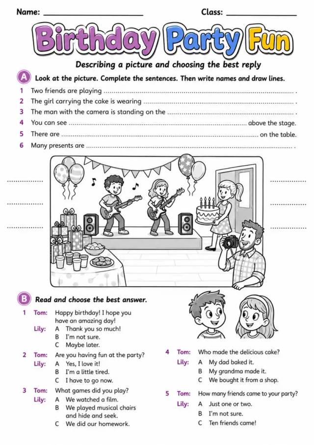 Cambridge MOVERS - Birthday Party Fun | Free Worksheet primary printable PDF preview