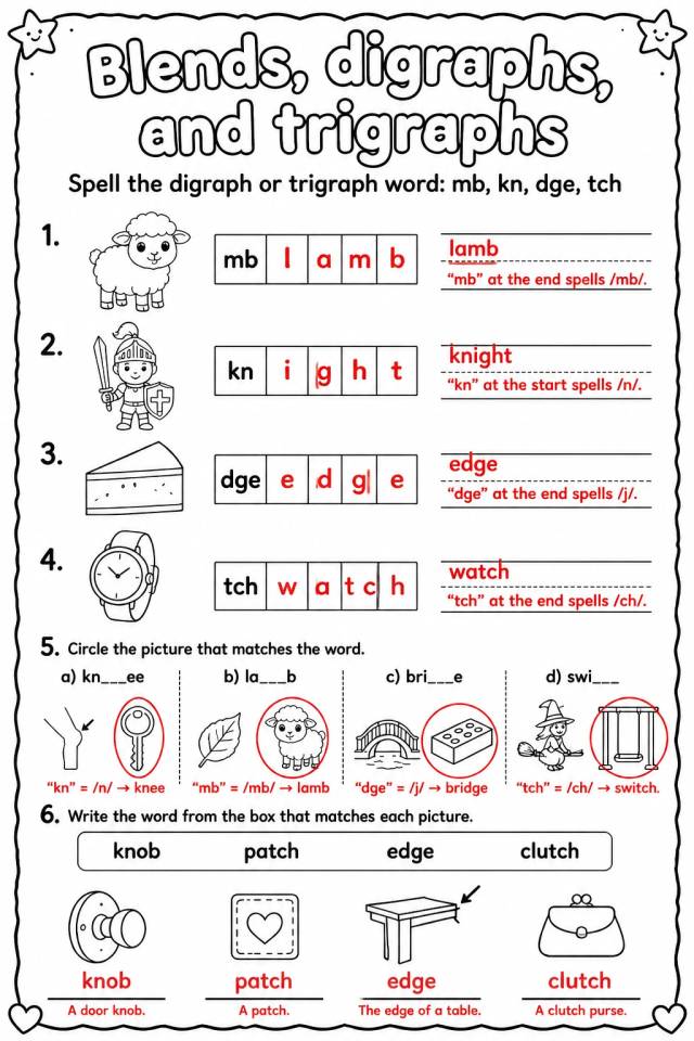 Answer key for Spell the digraph or trigraph word: mb, kn, dge, tch — free printable English & Reading worksheet