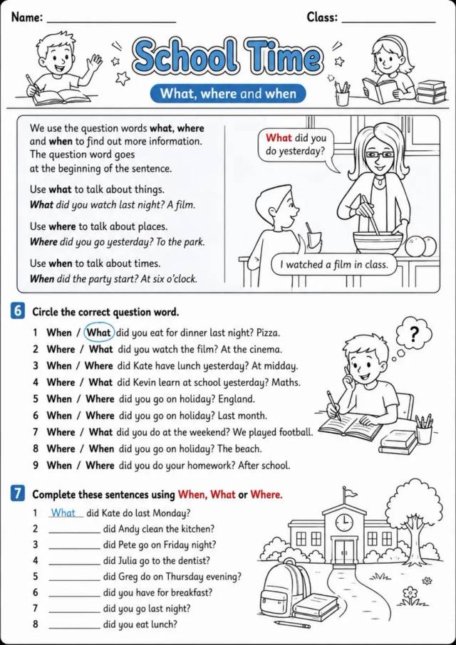 Past Simple Questions: School Time 4 | Grades 3-4 Grammar Worksheet grades 3 4 printable PDF preview