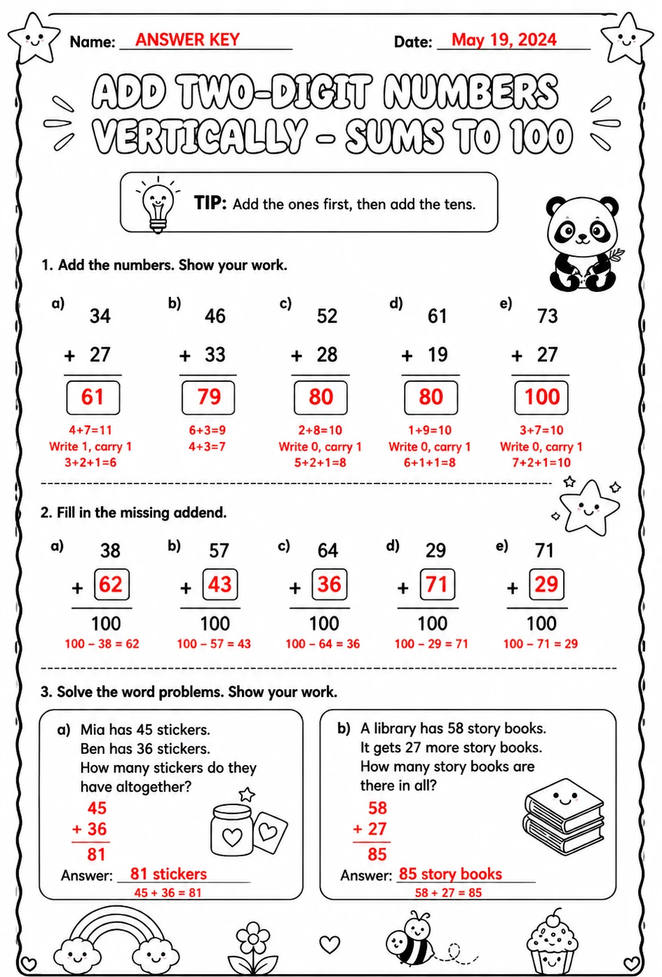 Answer key for Add two-digit numbers vertically - sums to 100 — free printable Math worksheet