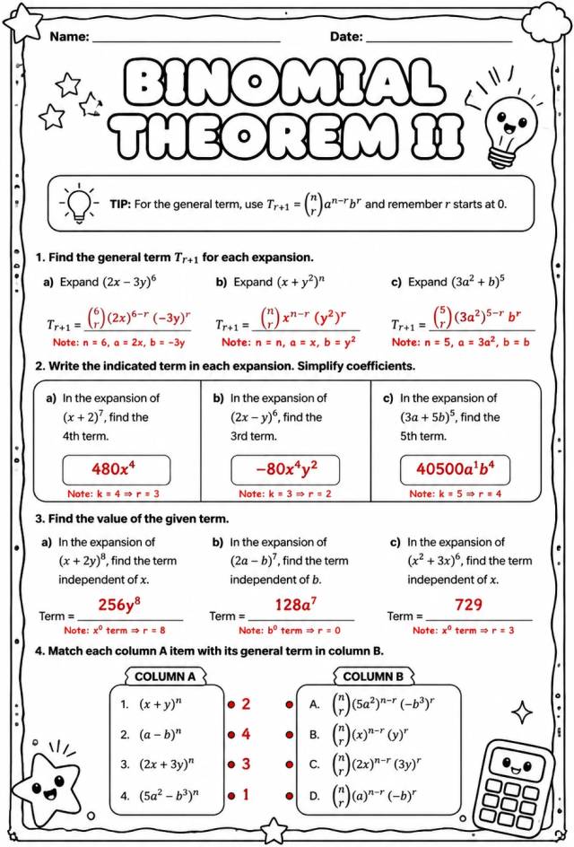 Answer key for Binomial Theorem II — free printable Math worksheet
