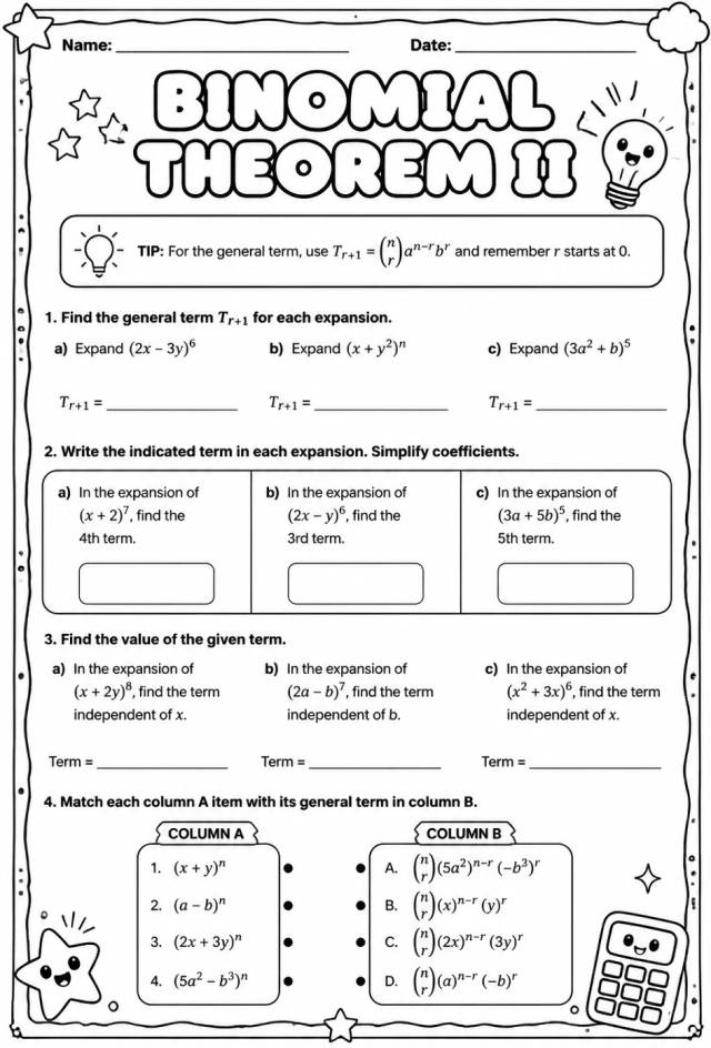 Binomial Theorem II — free printable Algebra 2 math worksheet