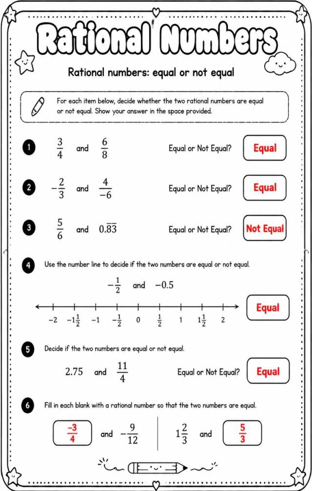 Answer key for Rational numbers: equal or not equal — free printable Math worksheet