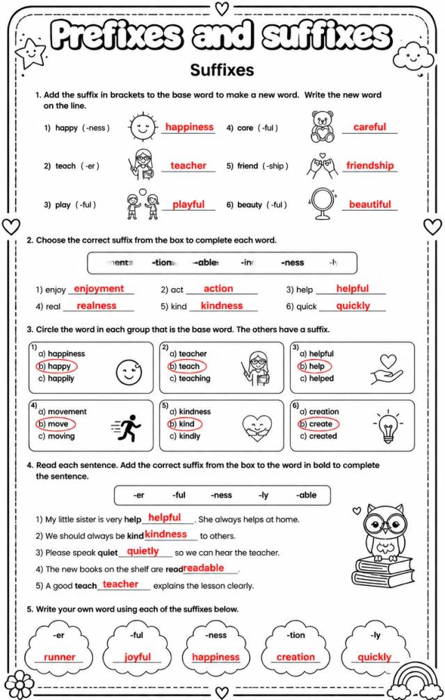 Answer key for Suffixes — free printable English & Reading worksheet