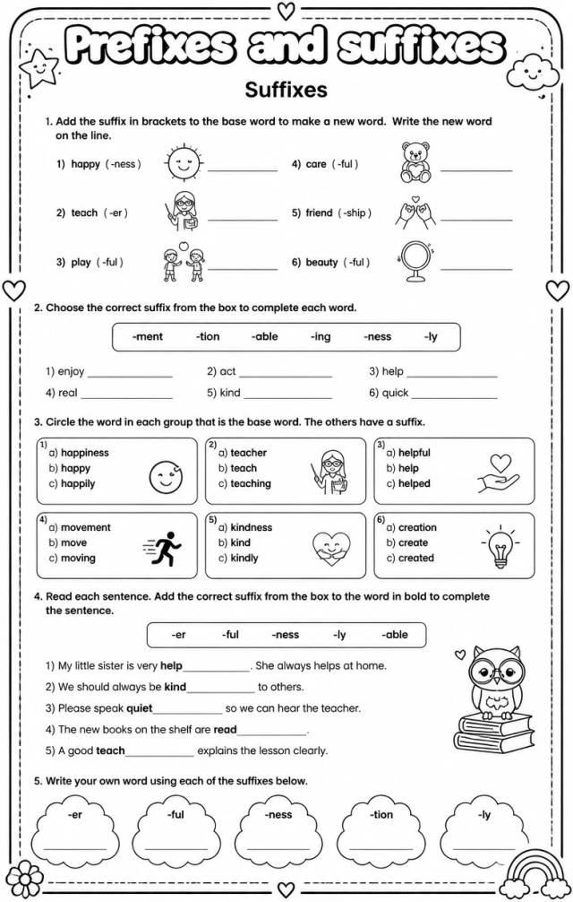 Suffixes — free printable Vocabulary English worksheet